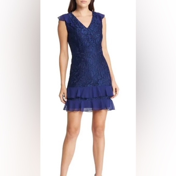 SAM EDELMAN NWT Flutter Sleeve Lace Tier Mini Dress Sz 0 Blue $148 Preppy Chic - Picture 1 of 3